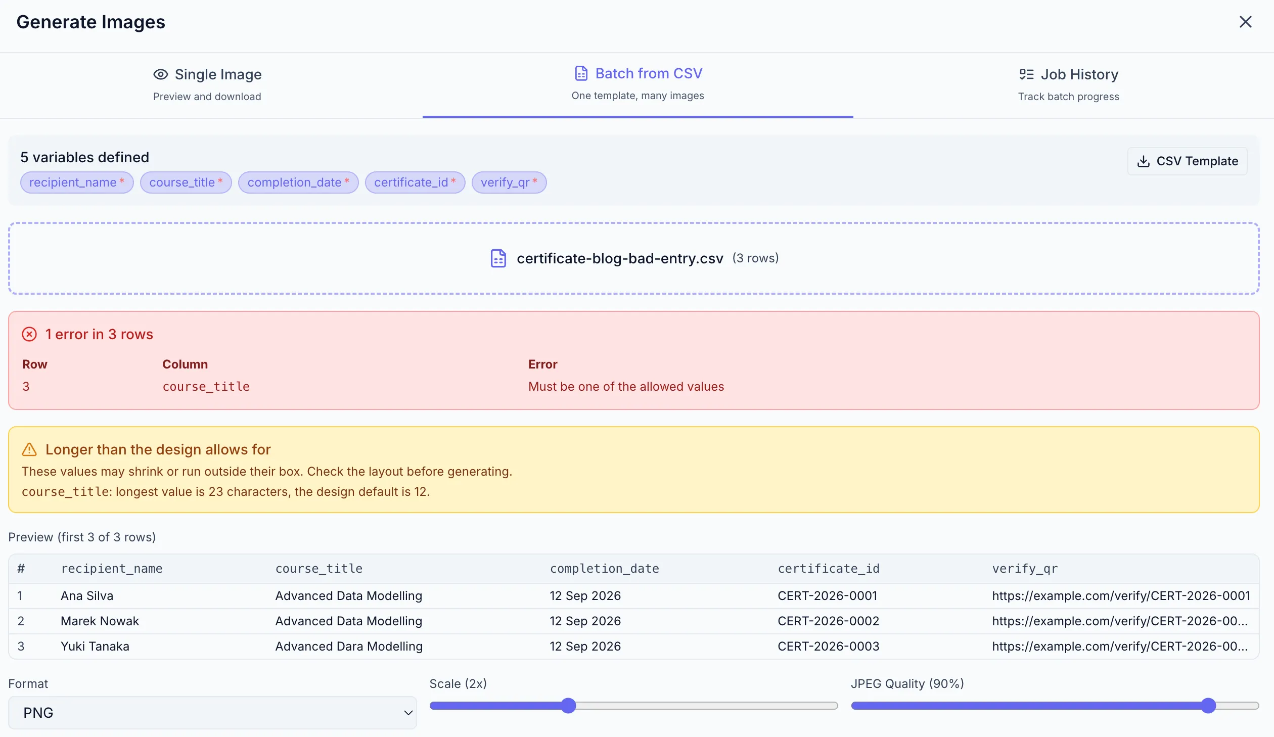 The Batch tab with a CSV loaded, showing the row summary
(e.g. "230 rows, 3 errors") and the validation error list naming the specific
rows and fields that failed.