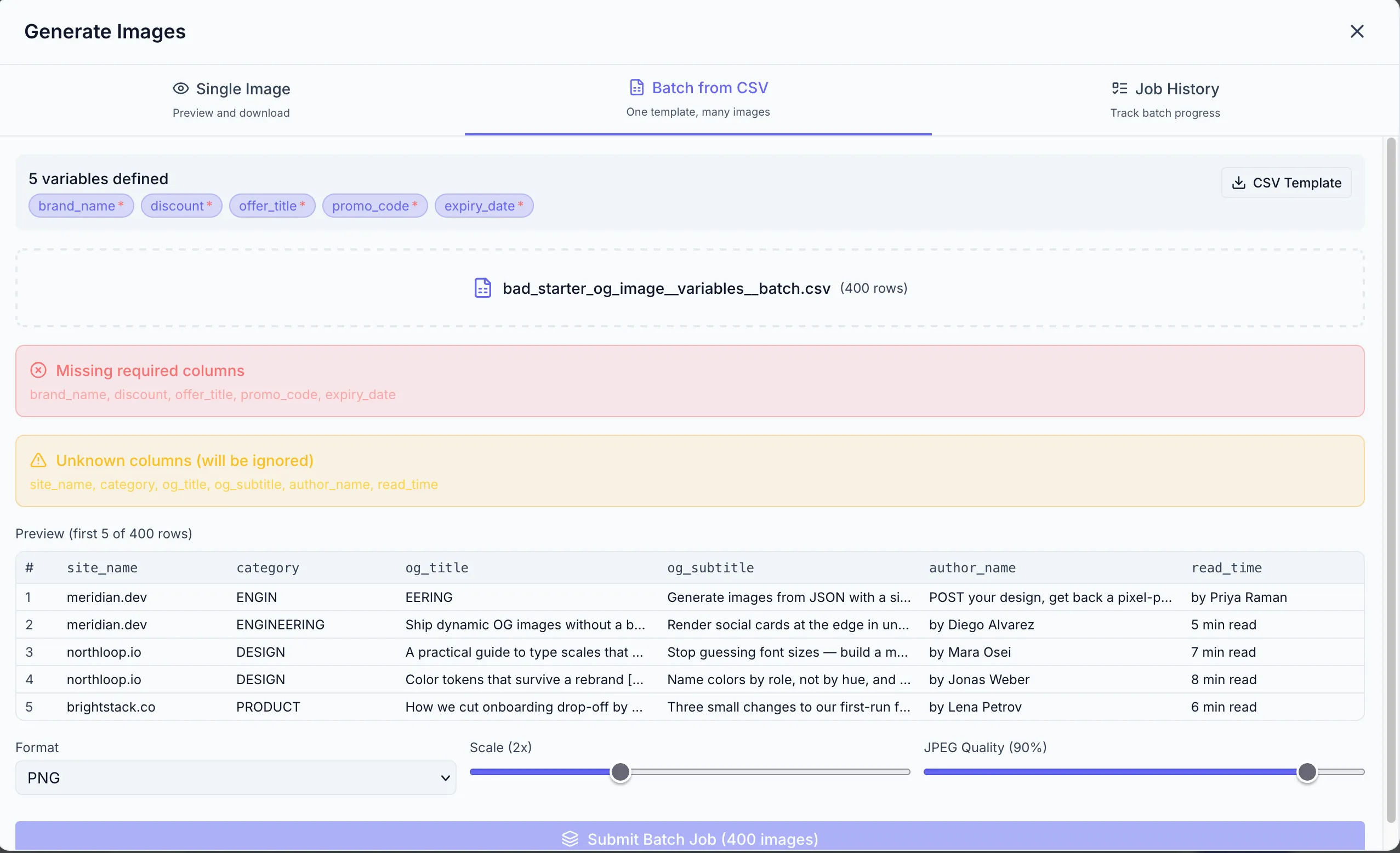 The Batch from CSV tab with a 400-row file loaded, showing a "Missing required columns" error naming brand_name, discount, offer_title, promo_code and expiry_date, plus a warning listing the columns that will be ignored.