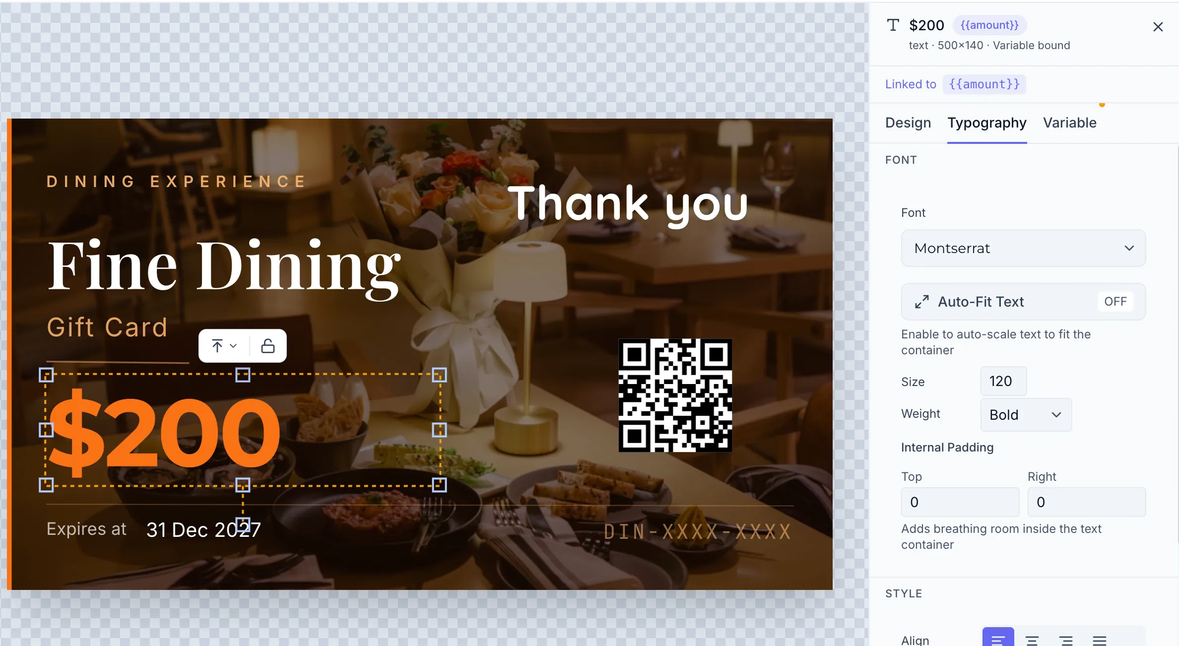 The designer with a gift card template open, the amount text
element selected, and the properties panel showing Variable settings with
variableName "amount", type "text", and a default value filled in.