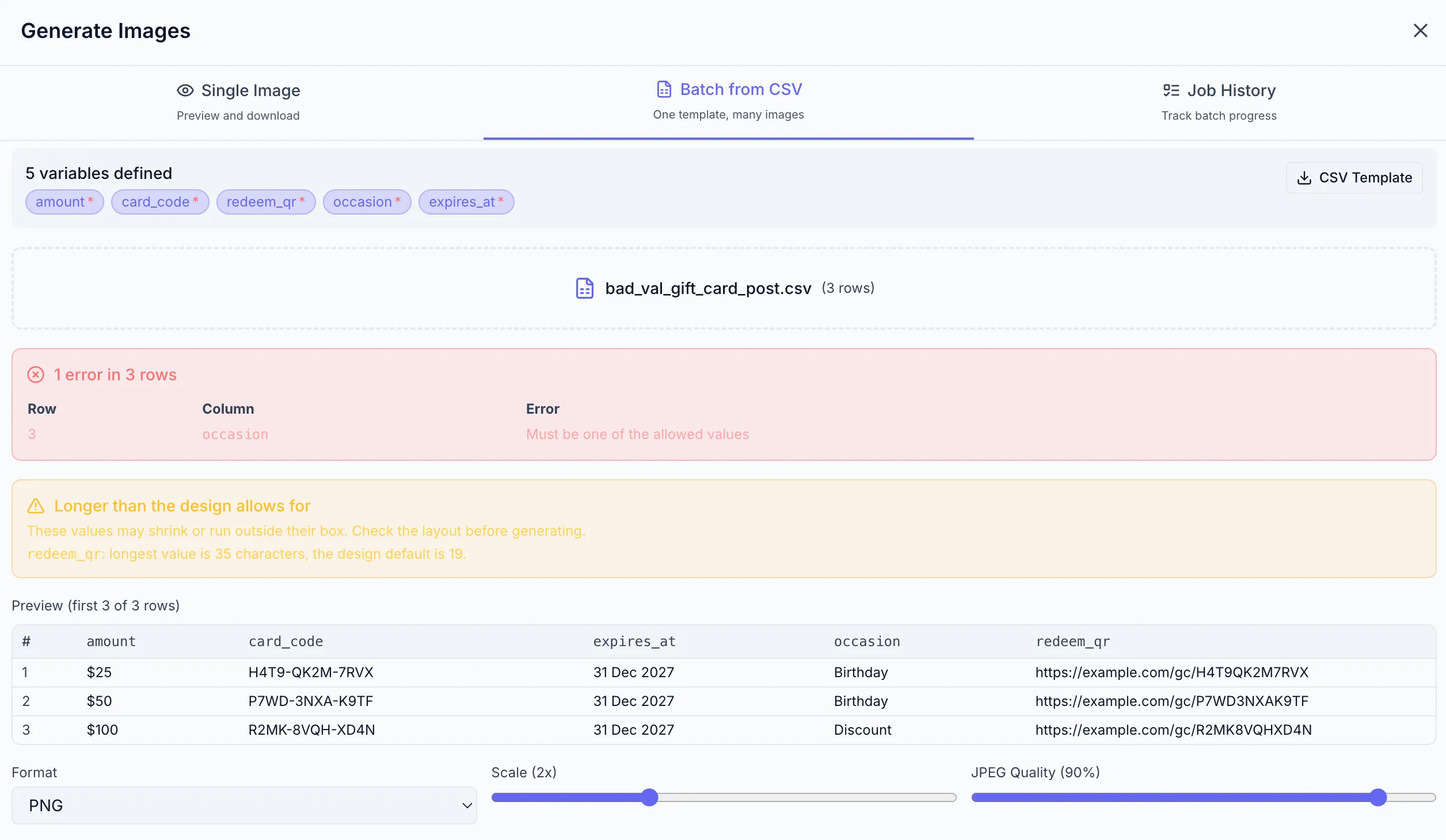 The designer with a gift card template open, the amount text
element selected, and the properties panel showing Variable settings with
variableName "amount", type "text", and a default value filled in.