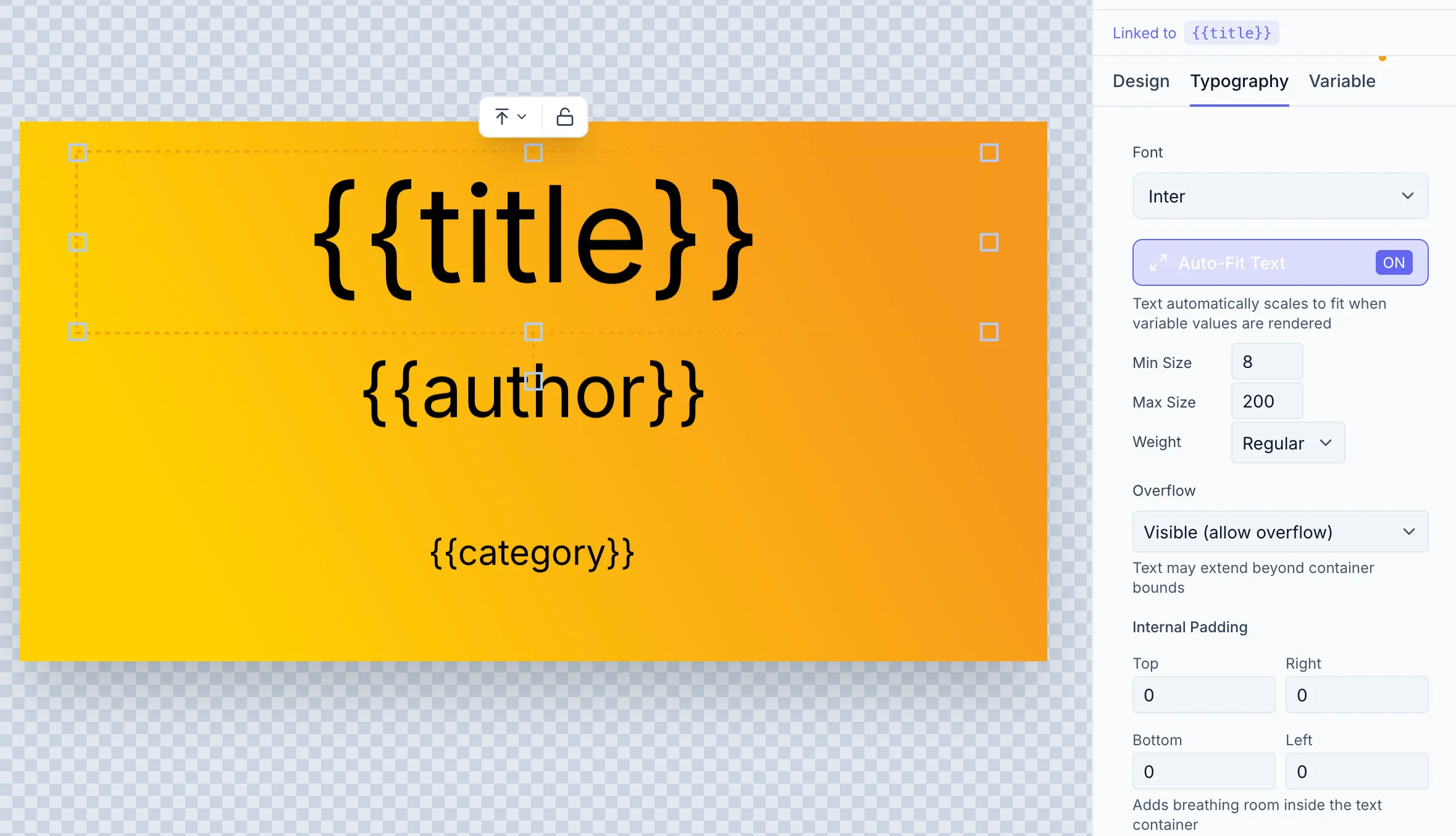 The Zandovi designer with a 1200×630 OG card open. A text
element is selected and the properties panel on the right shows the Variable
settings: variable name "title", required checked, and the auto-fit min/max font
size controls visible.