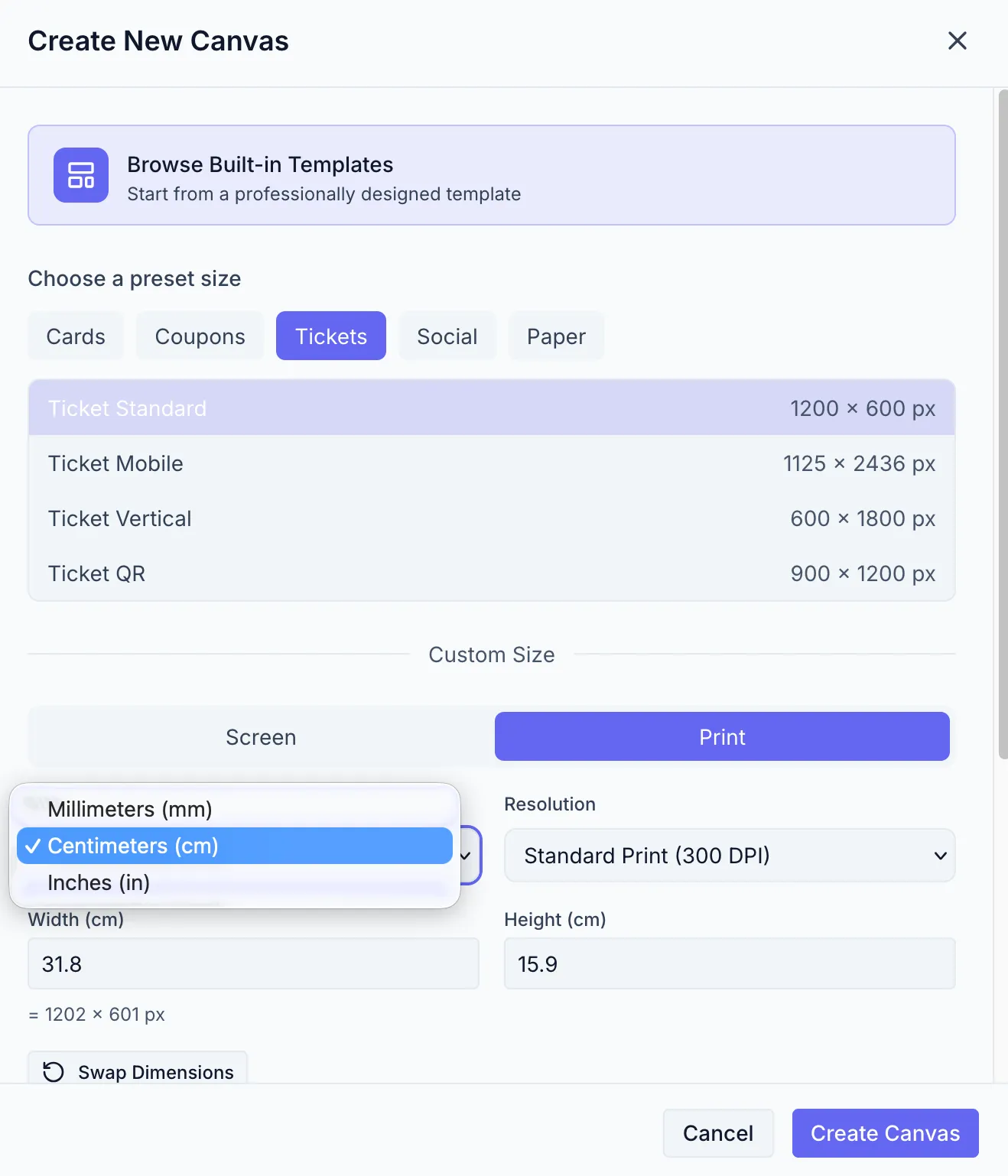 The New Canvas dialog with the Tickets preset category
selected, the unit dropdown set to mm, and Export DPI set to 300.