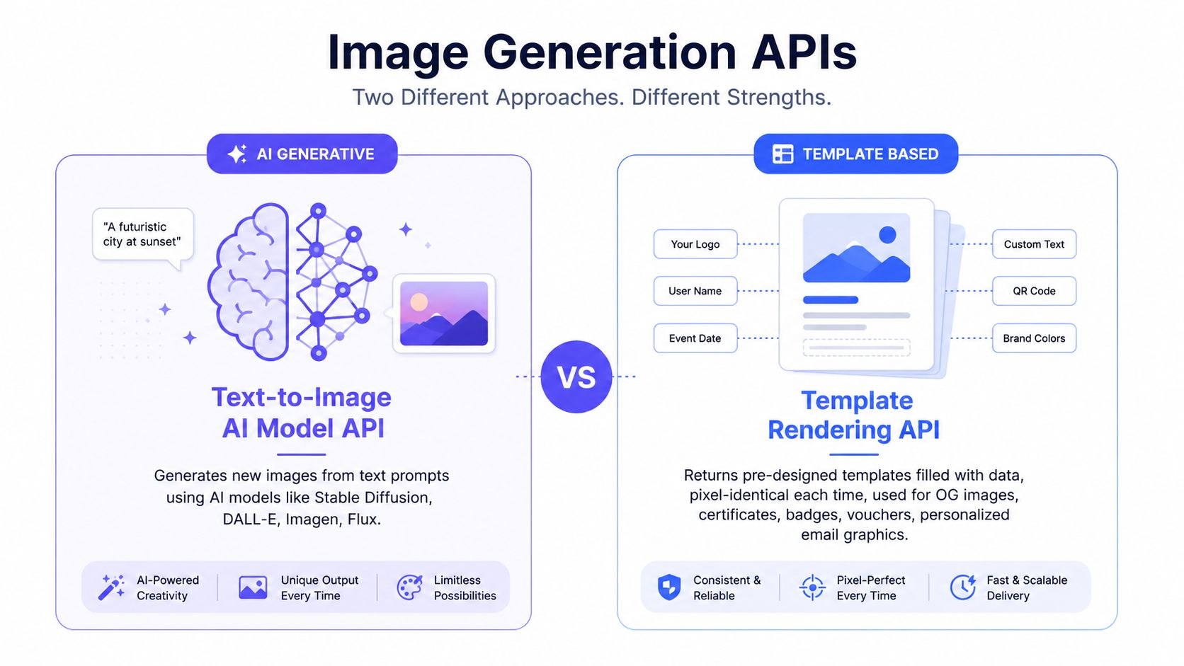 A comparison chart showing the differences between AI generative text-to-image
APIs and template-based rendering APIs for automation.