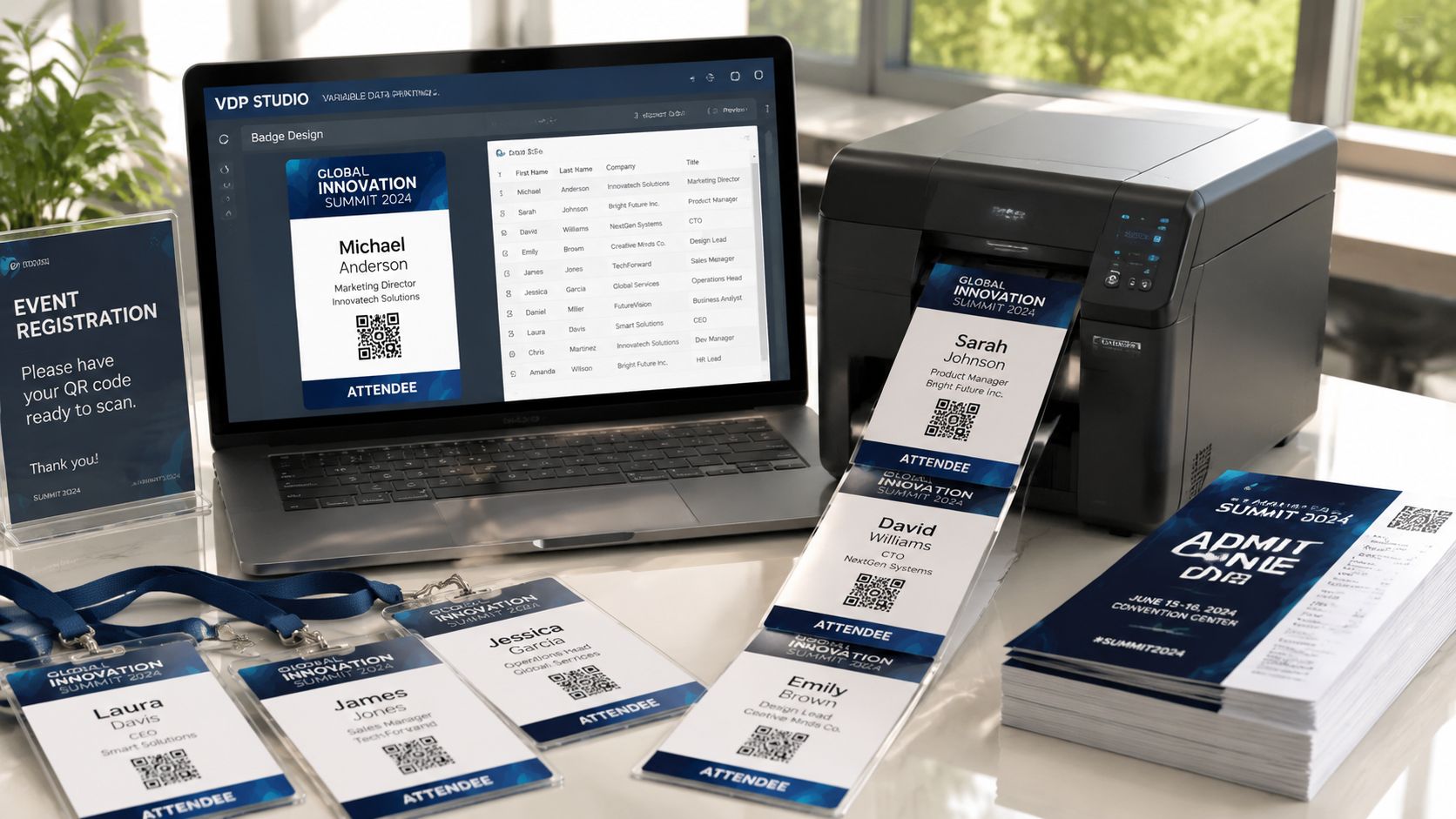 A laptop running variable data printing software next to a label printer
producing personalized event badges.