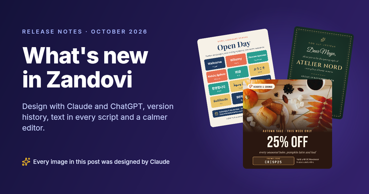 What's New in Zandovi: Design with Claude and ChatGPT, Version History, Every Language