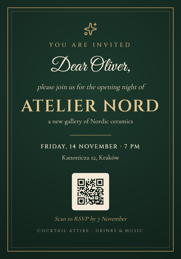 The same Atelier Nord invitation, rendered with the greeting 'Dear Oliver,' instead.
