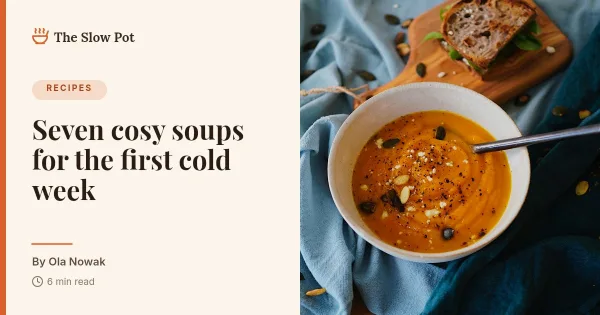 Food blog header with title, author and a pumpkin soup photo