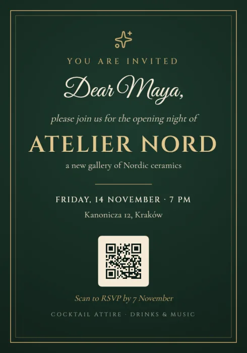 Opening-night invitation addressed to Maya with an RSVP QR code