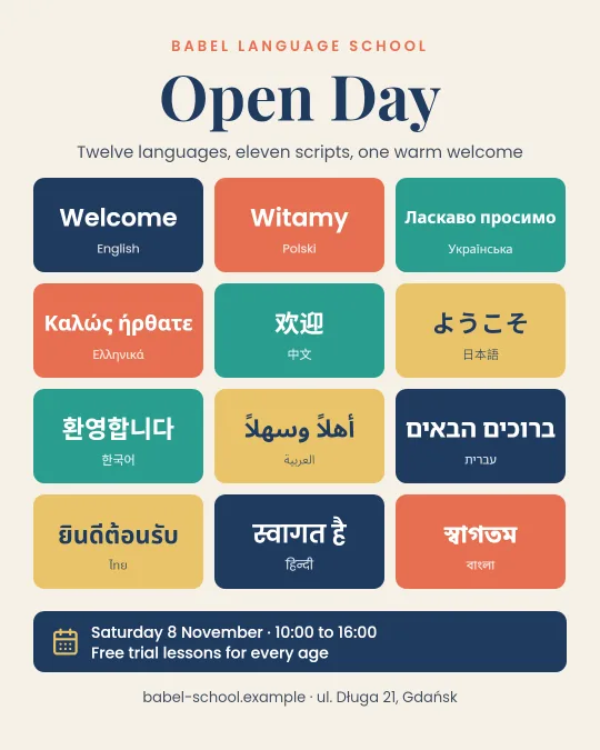Open Day flyer for a language school with welcome tiles in twelve languages