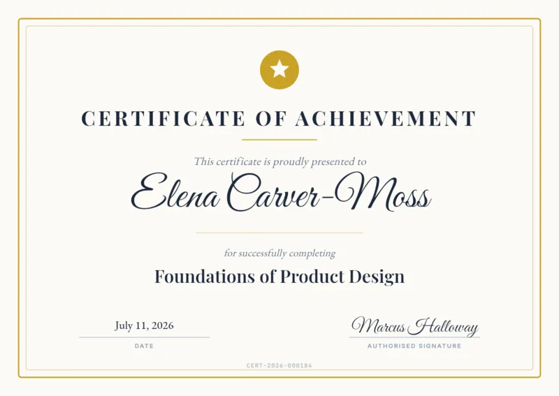 API-rendered certificate of achievement with recipient name and course filled from variables