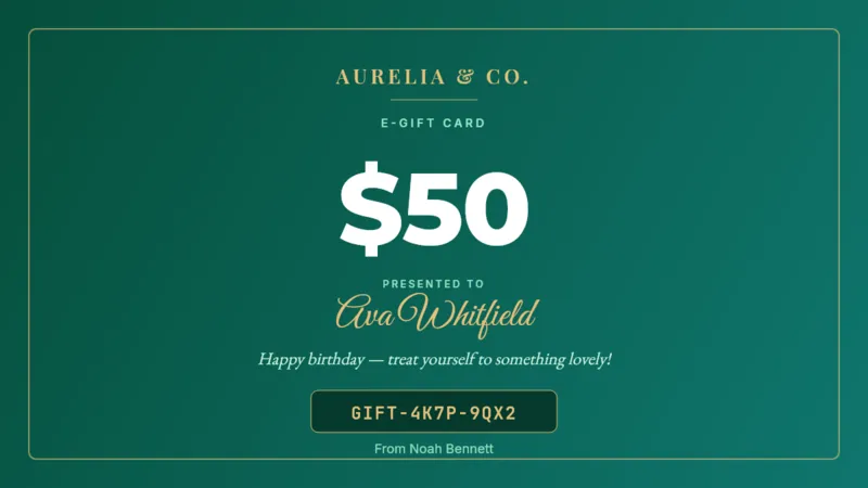 Animation cycling through six real gift-card renders from the same template — recipient name, amount, message and gift code change on every frame
