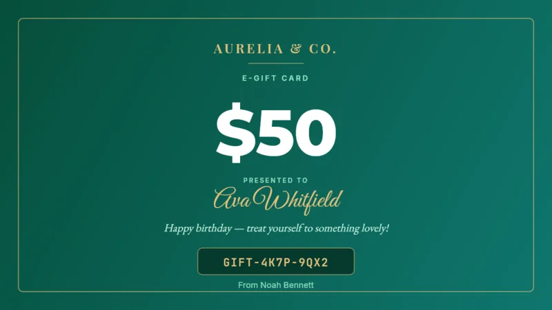 API-rendered gift card with amount, recipient name and gift code filled from variables