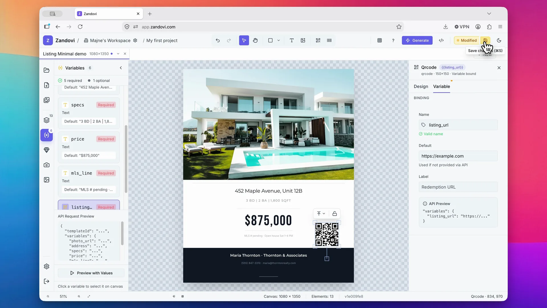 The Zandovi editor with a real estate listing flyer, its variables panel, and a QR code bound to a listing URL