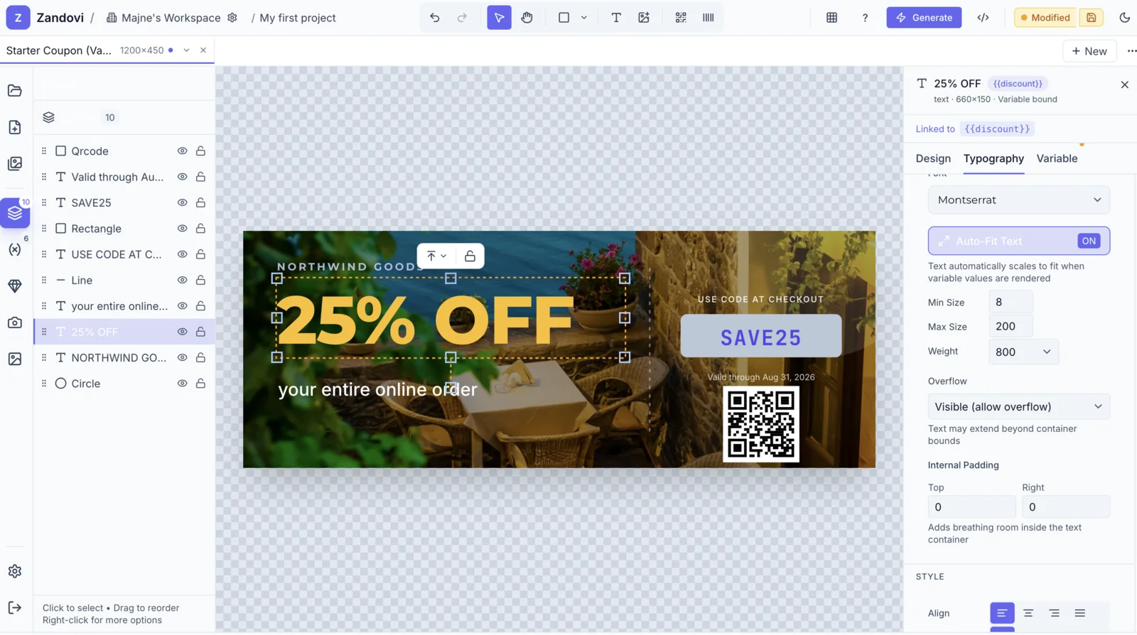 The Zandovi editor with a coupon template open: layers panel on the left, canvas with a 25% OFF coupon in the middle, and the typography panel showing a text element bound to the discount variable