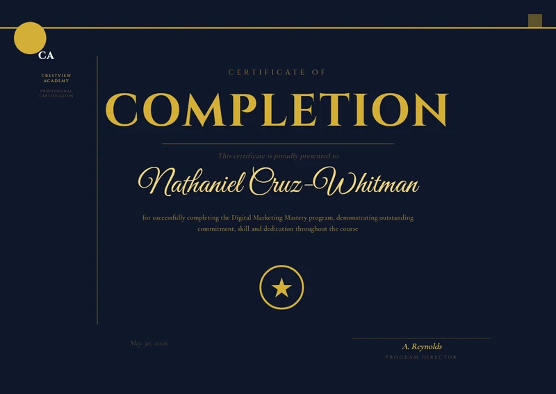 Dark Navy Academy Course Completion Certificate