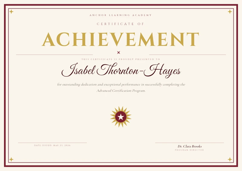 Elegant Burgundy & Gold Achievement Certificate